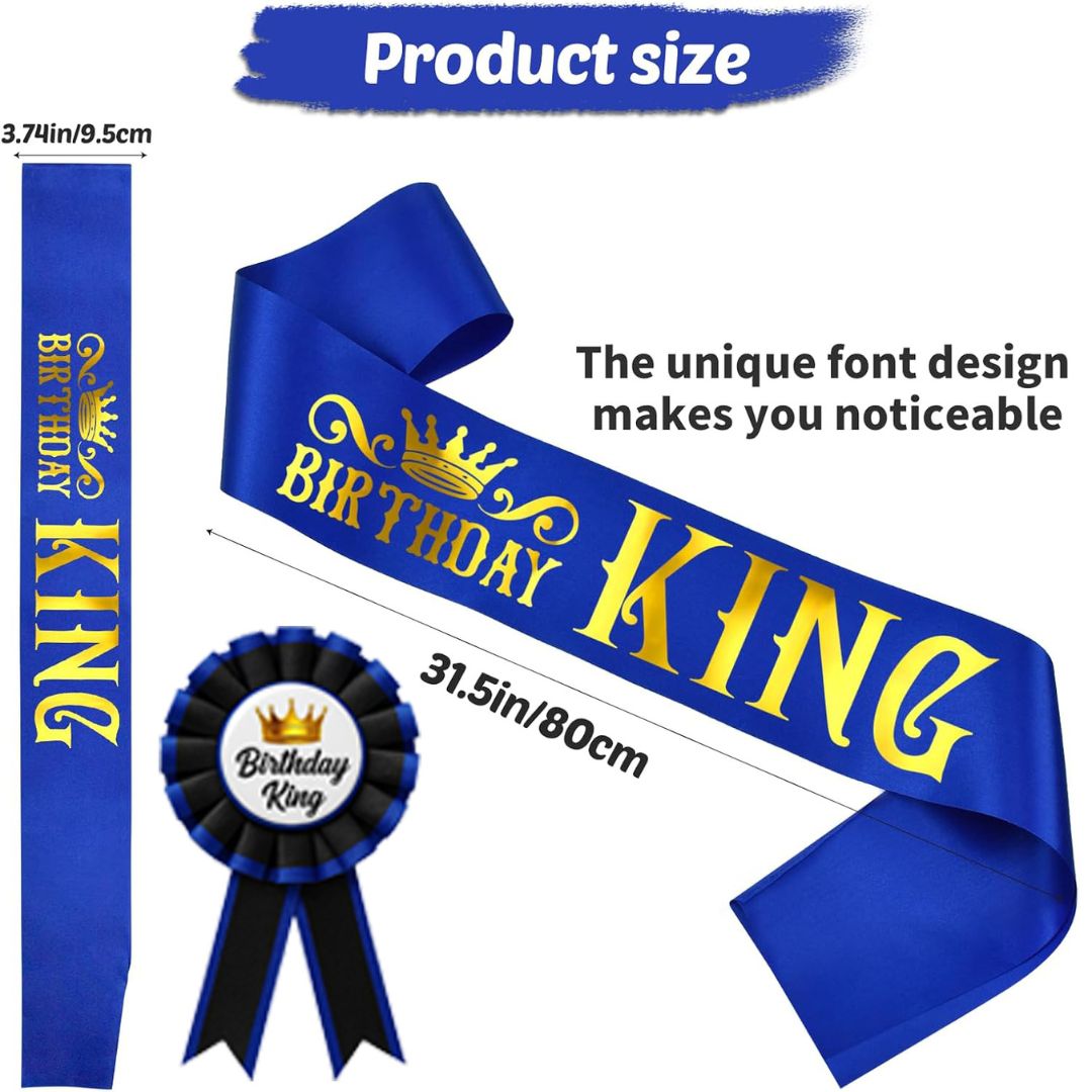 Birthday King Sash & Birhday Crown and  Birthday Boy Badge Award Ribbon Button Pin Combo Kit - Set of 3
