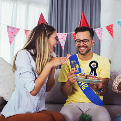 Birthday King Sash & Birhday Crown and  Birthday Boy Badge Award Ribbon Button Pin Combo Kit - Set of 3