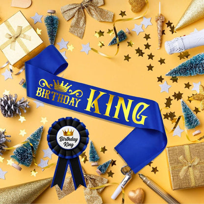 Birthday King Sash & Birhday Crown and  Birthday Boy Badge Award Ribbon Button Pin Combo Kit - Set of 3