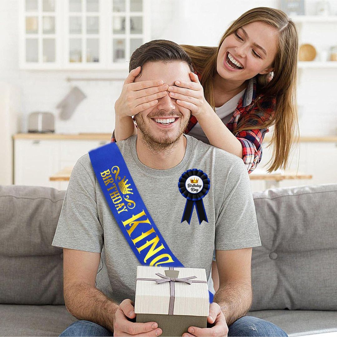 Birthday King Sash & Birhday Crown and  Birthday Boy Badge Award Ribbon Button Pin Combo Kit - Set of 3