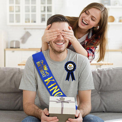 Birthday King Sash & Birhday Crown and  Birthday Boy Badge Award Ribbon Button Pin Combo Kit - Set of 3