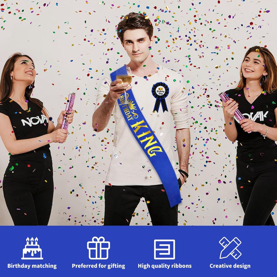 Birthday King Sash & Birhday Crown and  Birthday Boy Badge Award Ribbon Button Pin Combo Kit - Set of 3