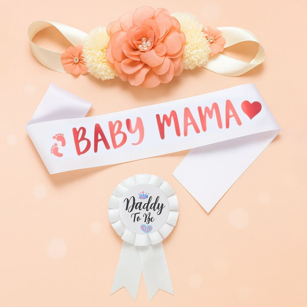 Mom to Be Sash, Maternity Belly Band and Dad to Be Pin Badge for Baby Shower Gift for ExpectingParents - Set of 3