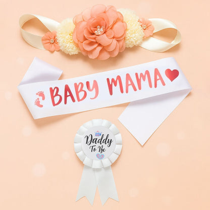 Mom to Be Sash, Maternity Belly Band and Dad to Be Pin Badge for Baby Shower Gift for ExpectingParents - Set of 3