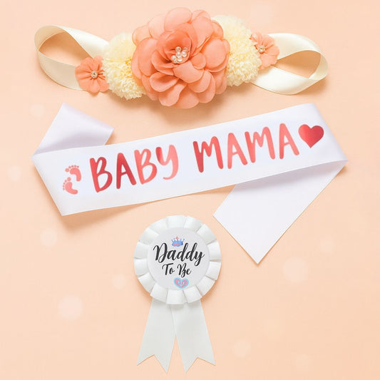 Mom to Be Sash, Maternity Belly Band and Dad to Be Pin Badge for Baby Shower Gift for ExpectingParents - Set of 3