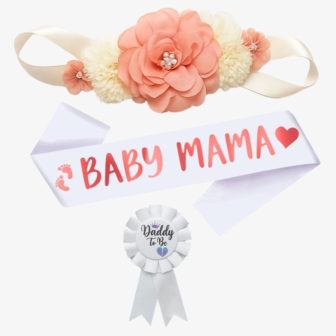 Mom to Be Sash, Maternity Belly Band and Dad to Be Pin Badge for Baby Shower Gift for ExpectingParents - Set of 3