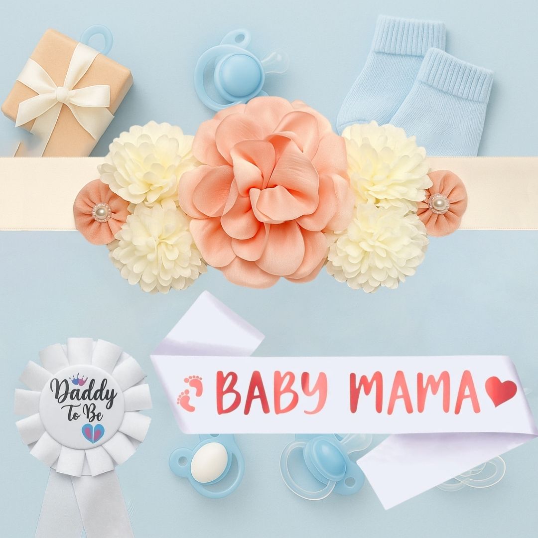 Mom to Be Sash, Maternity Belly Band and Dad to Be Pin Badge for Baby Shower Gift for ExpectingParents - Set of 3