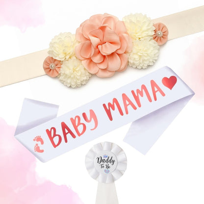 Mom to Be Sash, Maternity Belly Band and Dad to Be Pin Badge for Baby Shower Gift for ExpectingParents - Set of 3