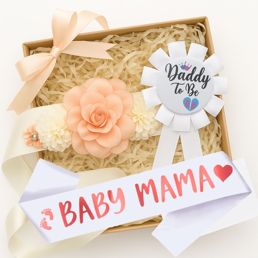 Mom to Be Sash, Maternity Belly Band and Dad to Be Pin Badge for Baby Shower Gift for ExpectingParents - Set of 3