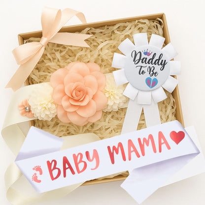 Mom to Be Sash, Maternity Belly Band and Dad to Be Pin Badge for Baby Shower Gift for ExpectingParents - Set of 3