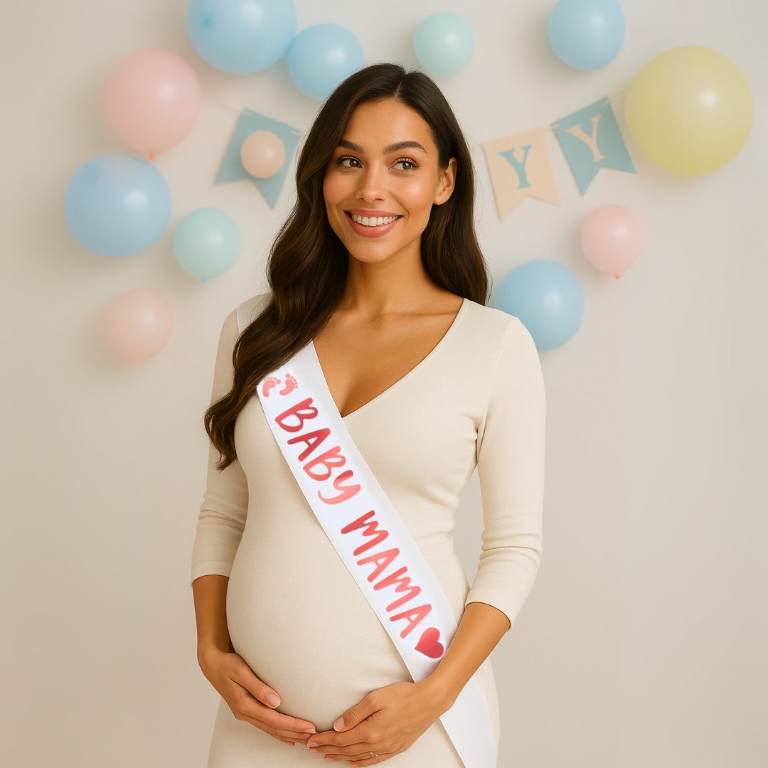 Mom to Be Sash, Maternity Belly Band and Dad to Be Pin Badge for Baby Shower Gift for ExpectingParents - Set of 3