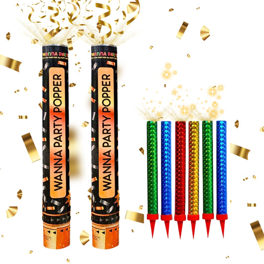 Party Poppers - Pack of 2 & and Sparkling Candle - Pack of 6 Combo Pack