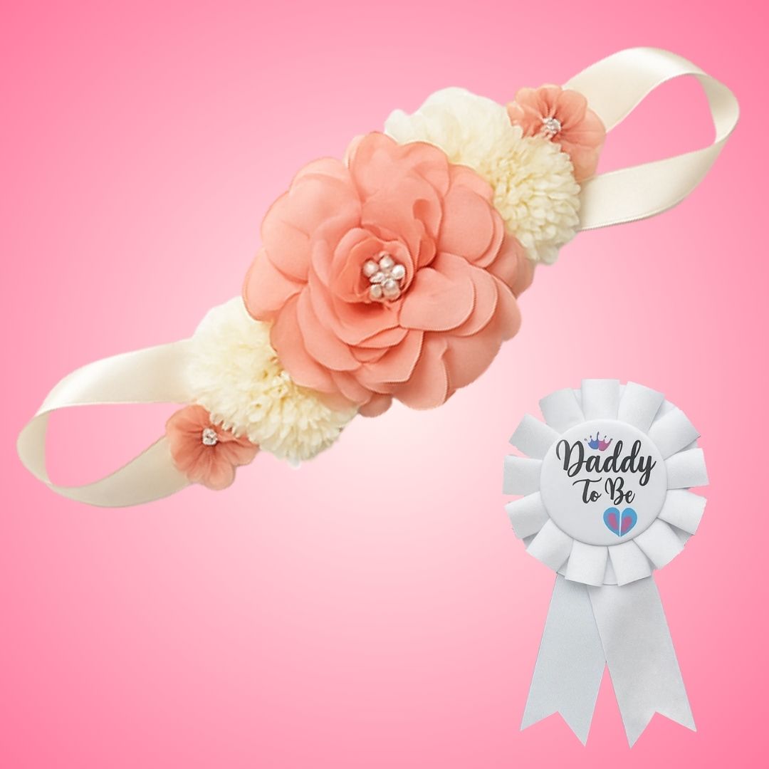 Maternity Sash Floral Waistband and Corsage Set – Floral Belly Band with Dad to Be Pin for Baby Shower Party Decorations and Pregnancy Photoshoot Gift - Set of 2