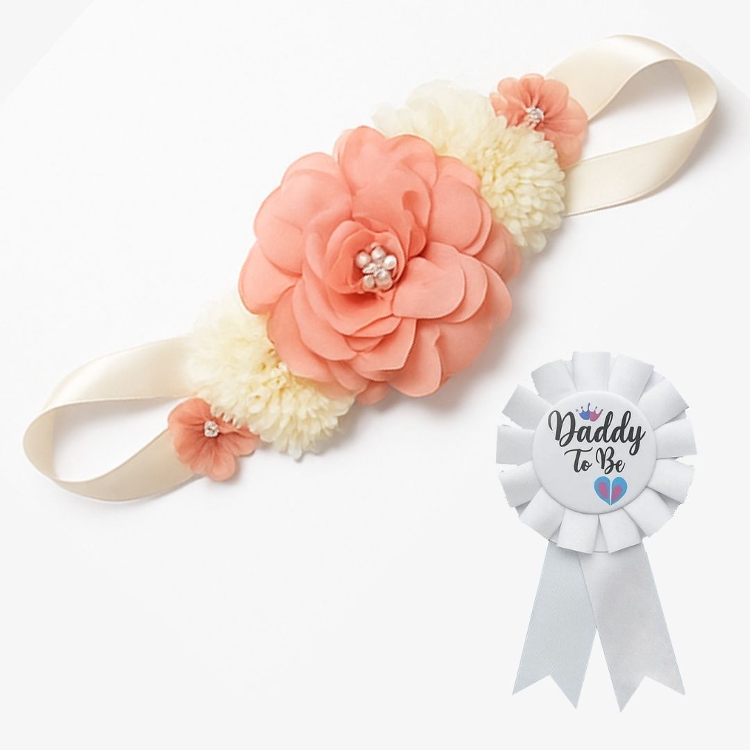 Maternity Sash Floral Waistband and Corsage Set – Floral Belly Band with Dad to Be Pin for Baby Shower Party Decorations and Pregnancy Photoshoot Gift - Set of 2