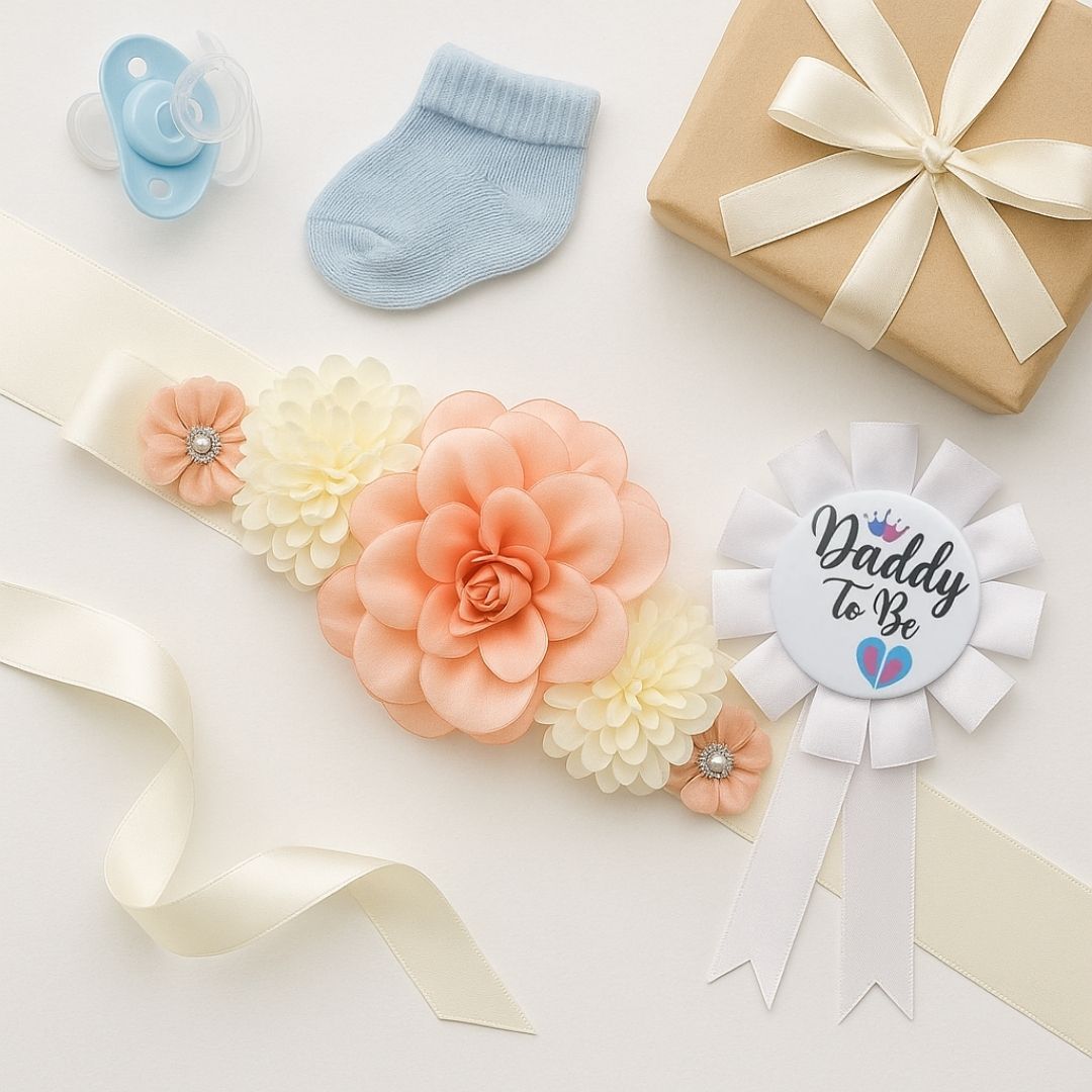 Maternity Sash Floral Waistband and Corsage Set – Floral Belly Band with Dad to Be Pin for Baby Shower Party Decorations and Pregnancy Photoshoot Gift - Set of 2