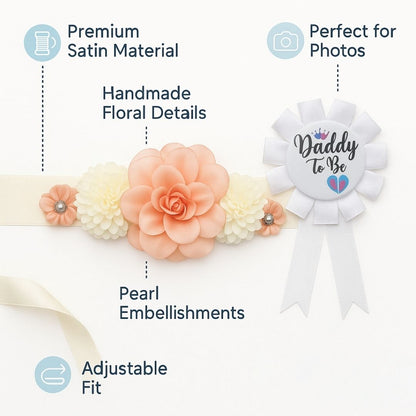 Maternity Sash Floral Waistband and Corsage Set – Floral Belly Band with Dad to Be Pin for Baby Shower Party Decorations and Pregnancy Photoshoot Gift - Set of 2