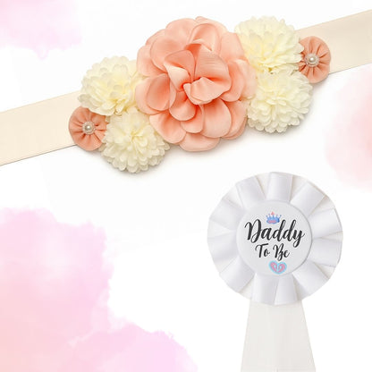 Maternity Sash Floral Waistband and Corsage Set – Floral Belly Band with Dad to Be Pin for Baby Shower Party Decorations and Pregnancy Photoshoot Gift - Set of 2