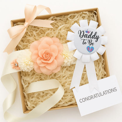 Maternity Sash Floral Waistband and Corsage Set – Floral Belly Band with Dad to Be Pin for Baby Shower Party Decorations and Pregnancy Photoshoot Gift - Set of 2