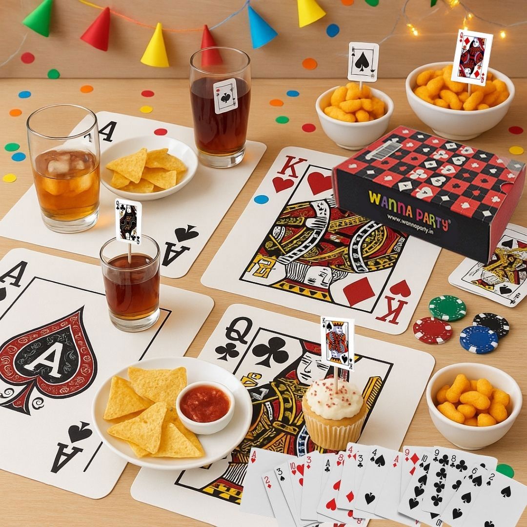 Wanna Party Cards Party Decor Set-Pack of 4 AKQJ Placemats,Set of 16 Toothpicks and a Deck of Professional Playing Cards for Diwali Cards Party Decoration