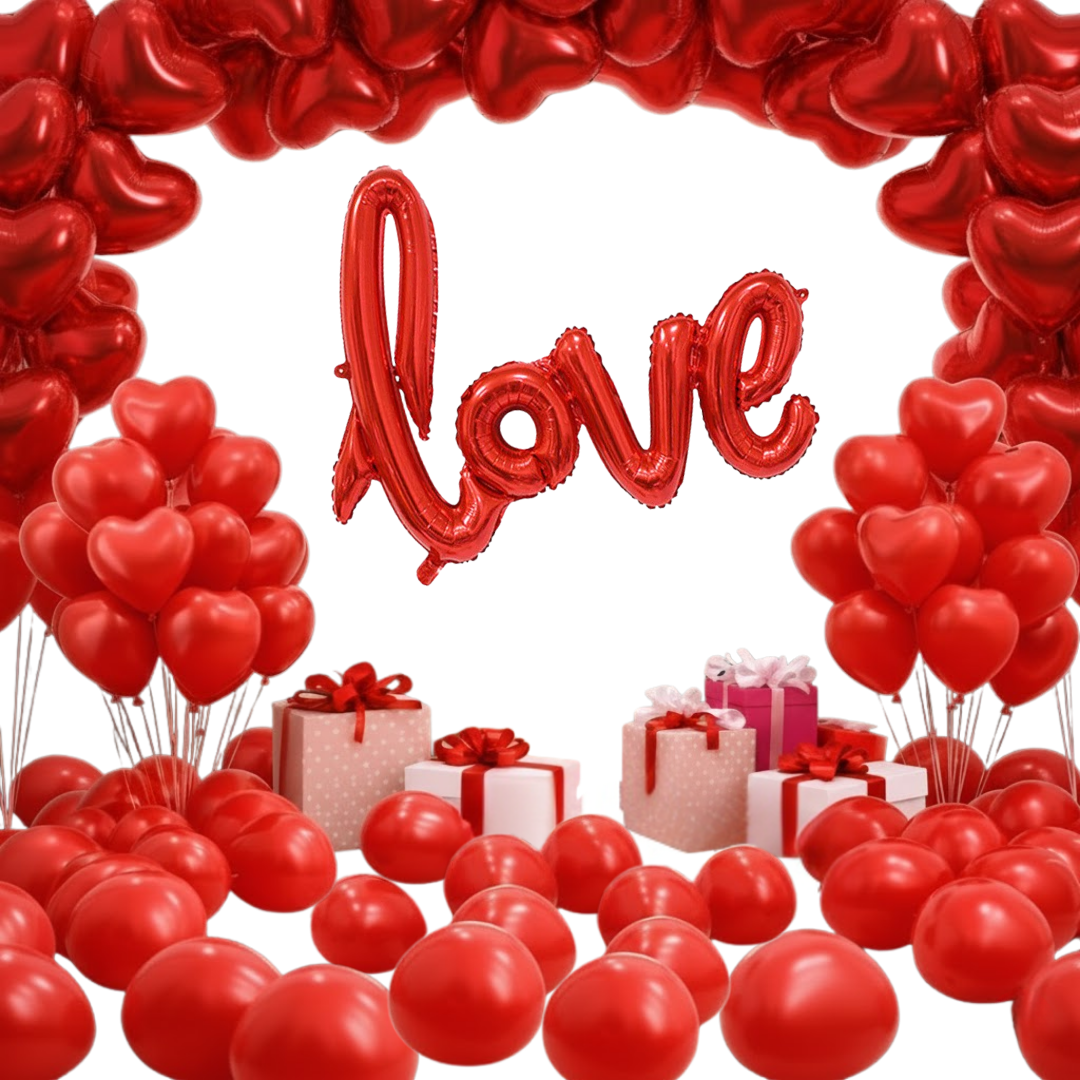 Love is in the Air Kit with Love Foil Balloon, Heart Balloons & Confetti - Set of 33PC