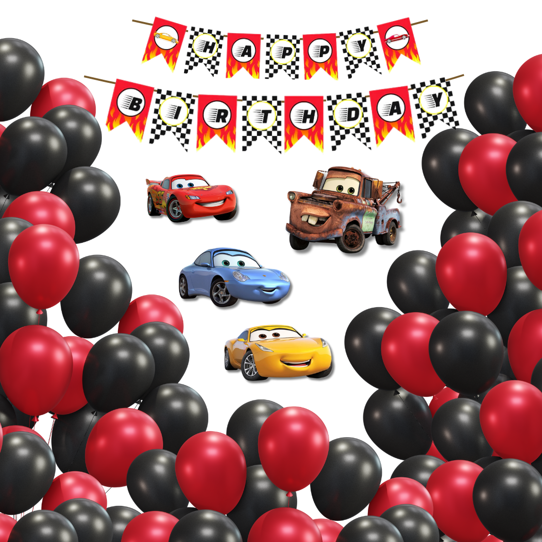 Racing Car Theme Birthday Decoration Combo Kit with Banner, Ballooons & Cutouts