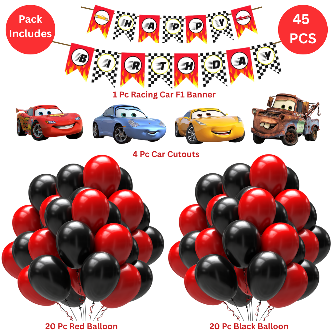 Racing Car Theme Birthday Decoration Combo Kit with Banner, Ballooons & Cutouts
