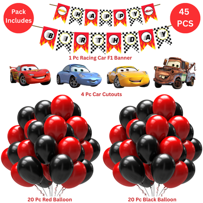 Racing Car Theme Birthday Decoration Combo Kit with Banner, Ballooons & Cutouts