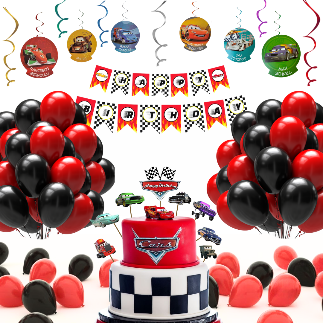 Racing Car Theme Birthday Decoration Combo Kit with Banner, Ballooons, Swirls & Cake Topper