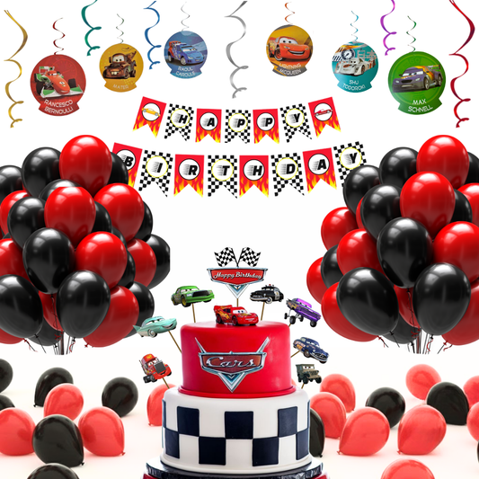 Racing Car Theme Birthday Decoration Combo Kit with Banner, Ballooons, Swirls & Cake Topper