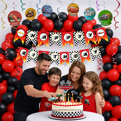 Racing Car Theme Birthday Decoration Combo Kit with Banner, Ballooons, Swirls & Cake Topper