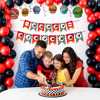 Racing Car Theme Birthday Decoration Combo Kit with Banner, Ballooons, Swirls & Cake Topper