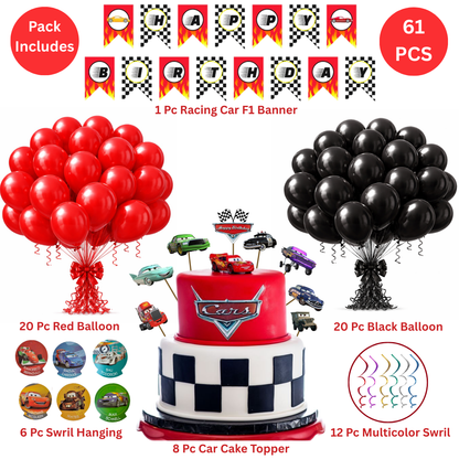 Racing Car Theme Birthday Decoration Combo Kit with Banner, Ballooons, Swirls & Cake Topper