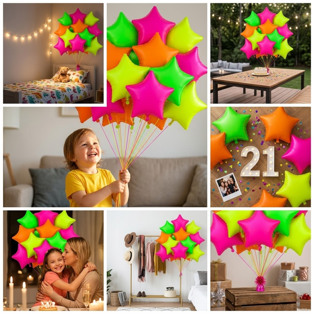 Multicolor Neon UV Glow Star Shaped Balloons 18 Inch (Pack of 12) | Helium Filled & Delivered Inflated | Glow Party Decoration