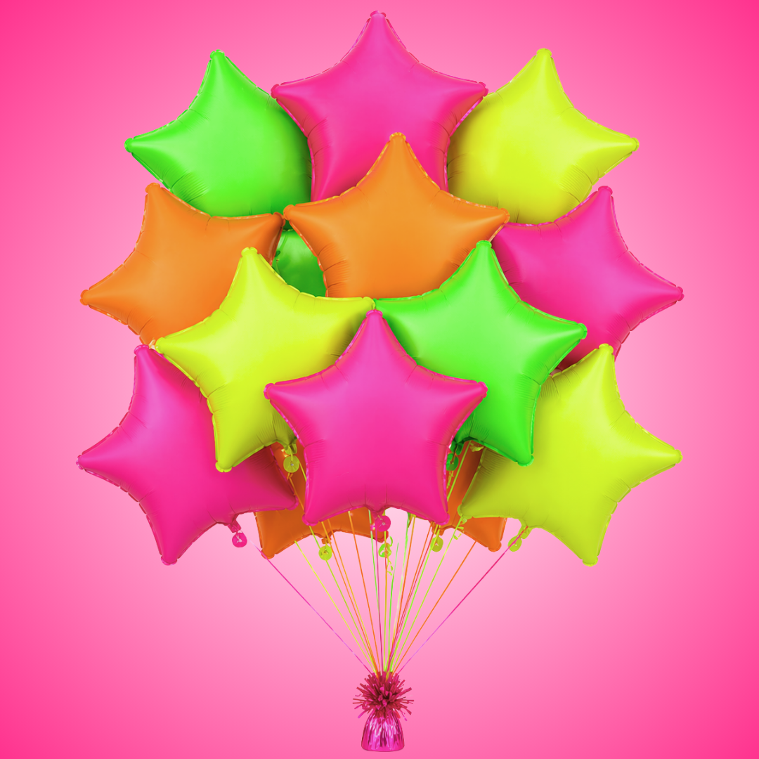 Multicolor Neon UV Glow Star Shaped Balloons 18 Inch (Pack of 12) | Helium Filled & Delivered Inflated | Glow Party Decoration