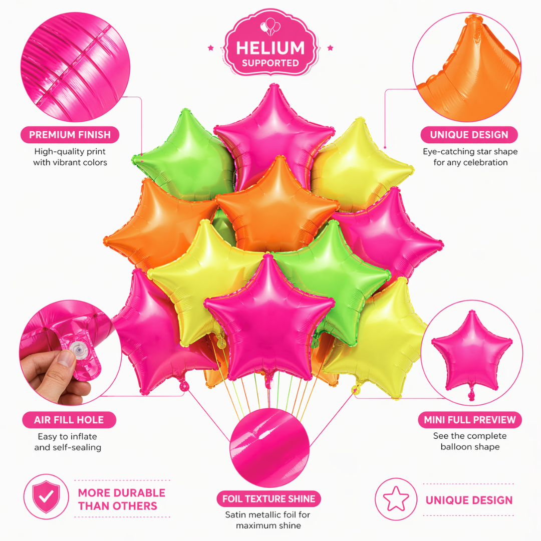 Multicolor Neon UV Glow in the Dark Star Shaped Balloons 18 inches - 12PC