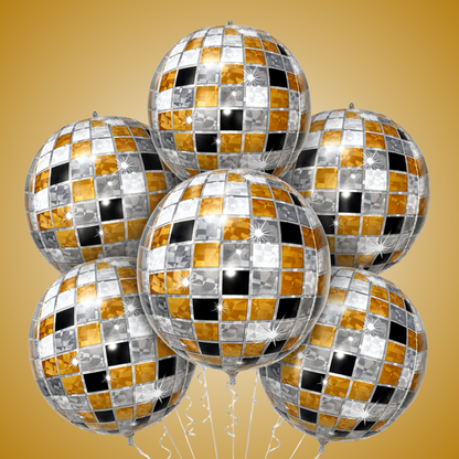 4D Golden & Black Disco Ball Balloons - 6PCS