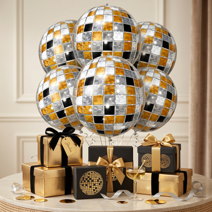 4D Golden & Black Disco Ball Balloons - 6PCS