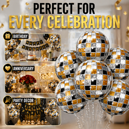4D Golden & Black Disco Ball Balloons - 6PCS