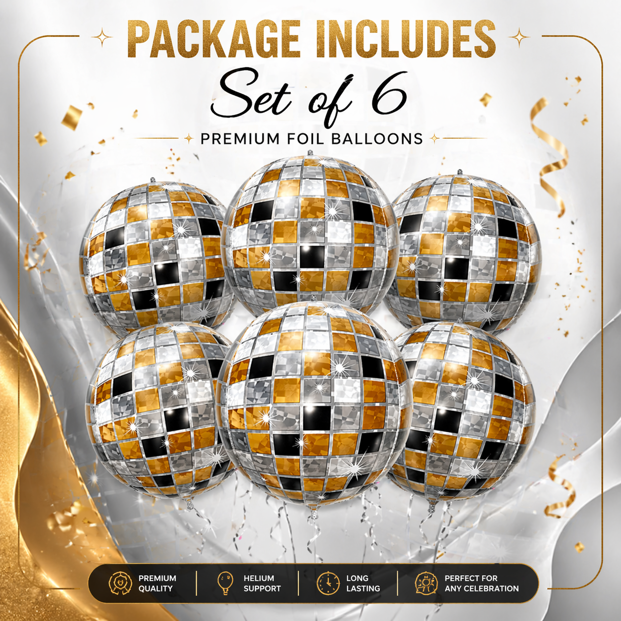 4D Golden & Black Disco Ball Balloons - 6PCS