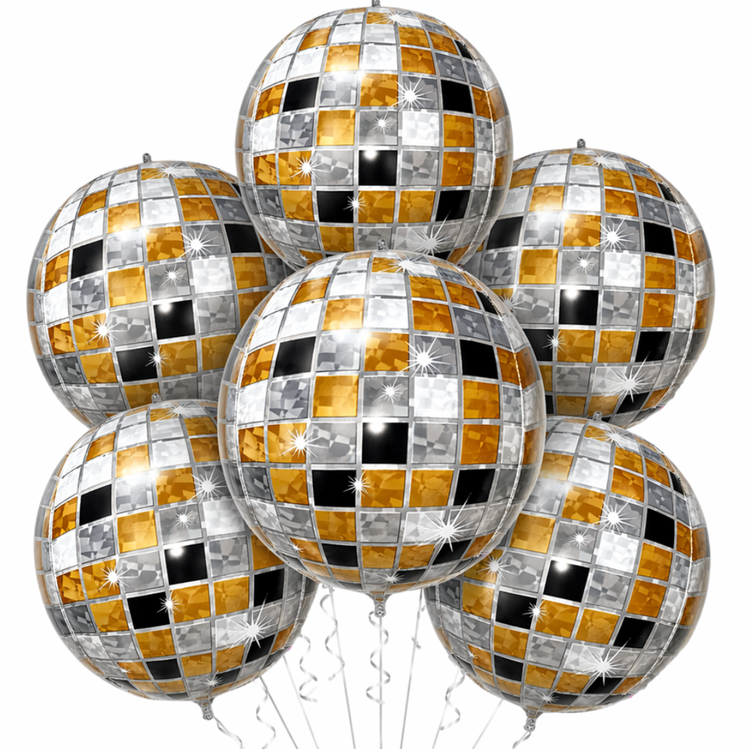4D Golden & Black Disco Ball Balloons - 6PCS