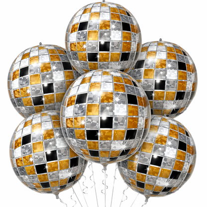 4D Golden & Black Disco Ball Balloons - 6PCS