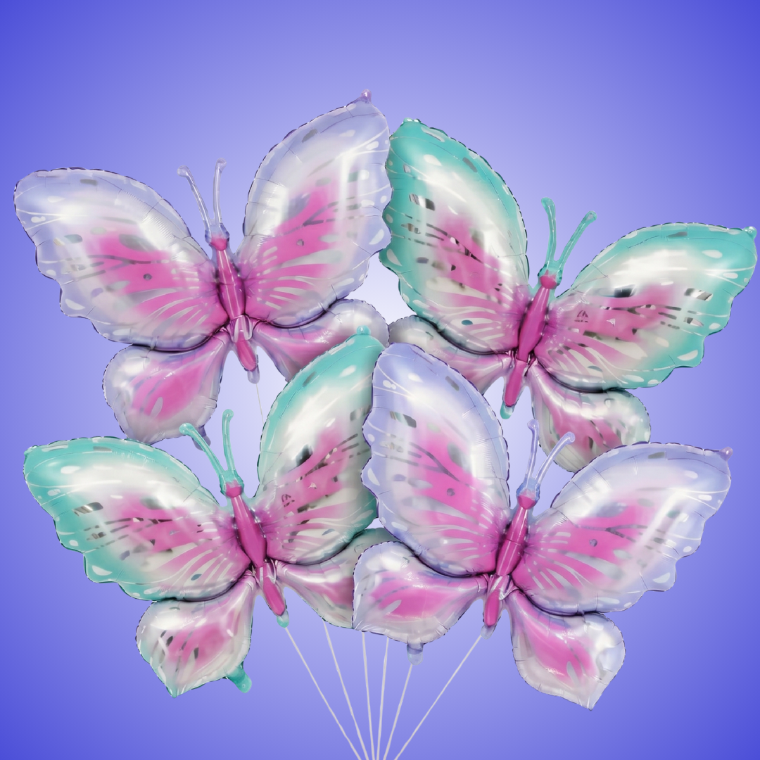 Pink & Purple Butterfly Shaped Foil Balloons (Pack of 4) | Large Helium Filled & Delivered Inflated | Birthday Decoration Balloons