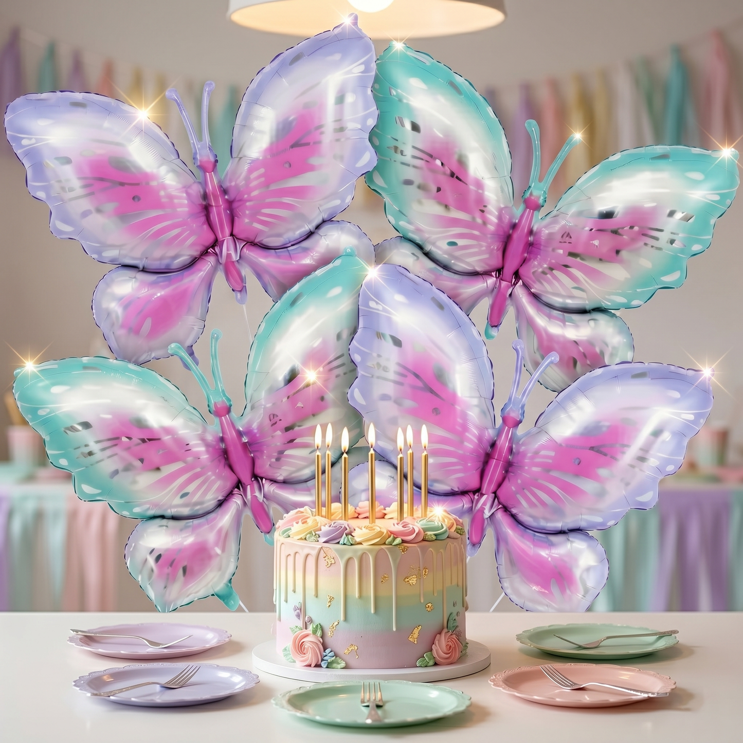 Pink & Purple Butterfly Shaped Foil Balloons (Pack of 4) | Large Helium Filled & Delivered Inflated | Birthday Decoration Balloons