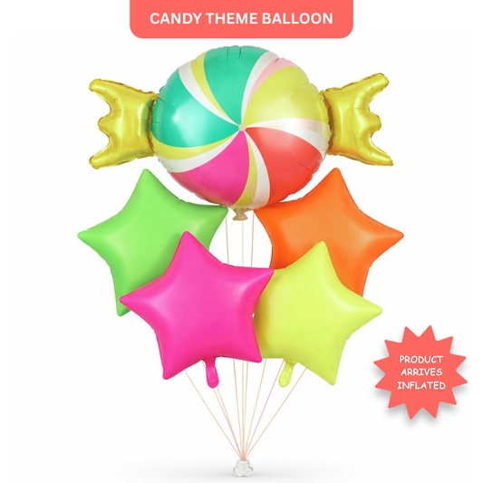 Candy Theme Helium Balloon Set of 5 (1 Candy Shape + 4 Neon Star Balloons 18 Inch) | Helium Filled & Delivered Inflated| Kids Birthday Decoration