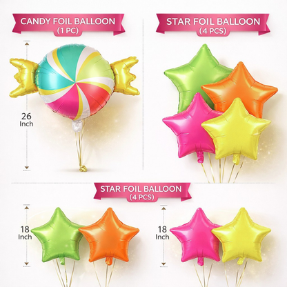 Candy Theme Helium Balloon Set of 5 (1 Candy Shape + 4 Neon Star Balloons 18 Inch) | Helium Filled & Delivered Inflated| Kids Birthday Decoration