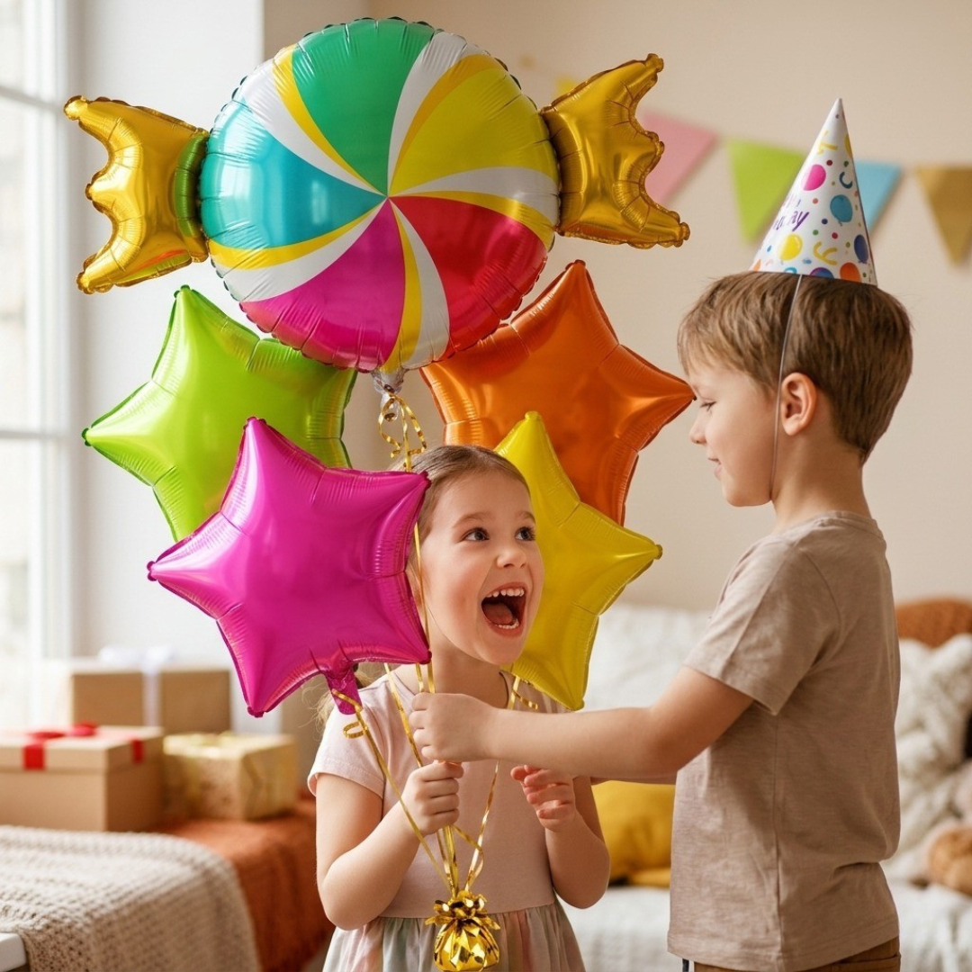 Candy Theme Helium Balloon Set of 5 (1 Candy Shape + 4 Neon Star Balloons 18 Inch) | Helium Filled & Delivered Inflated| Kids Birthday Decoration