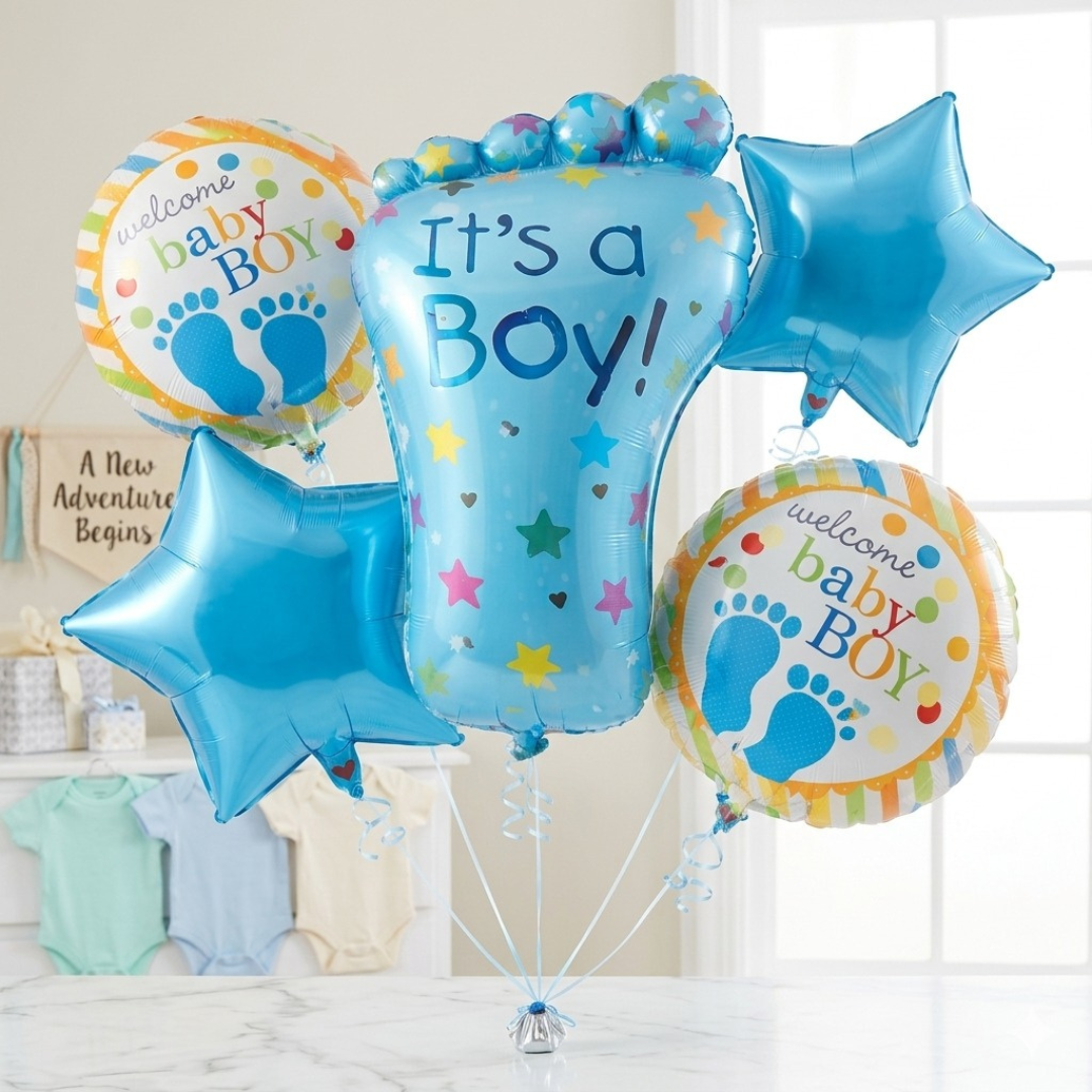 It’s a Boy Feet Shaped Helium Balloon Set of 5 (Baby Feet + Welcome Baby Boy + Blue Star Balloons) | Pre-Inflated & Delivered | Baby Shower Decoration