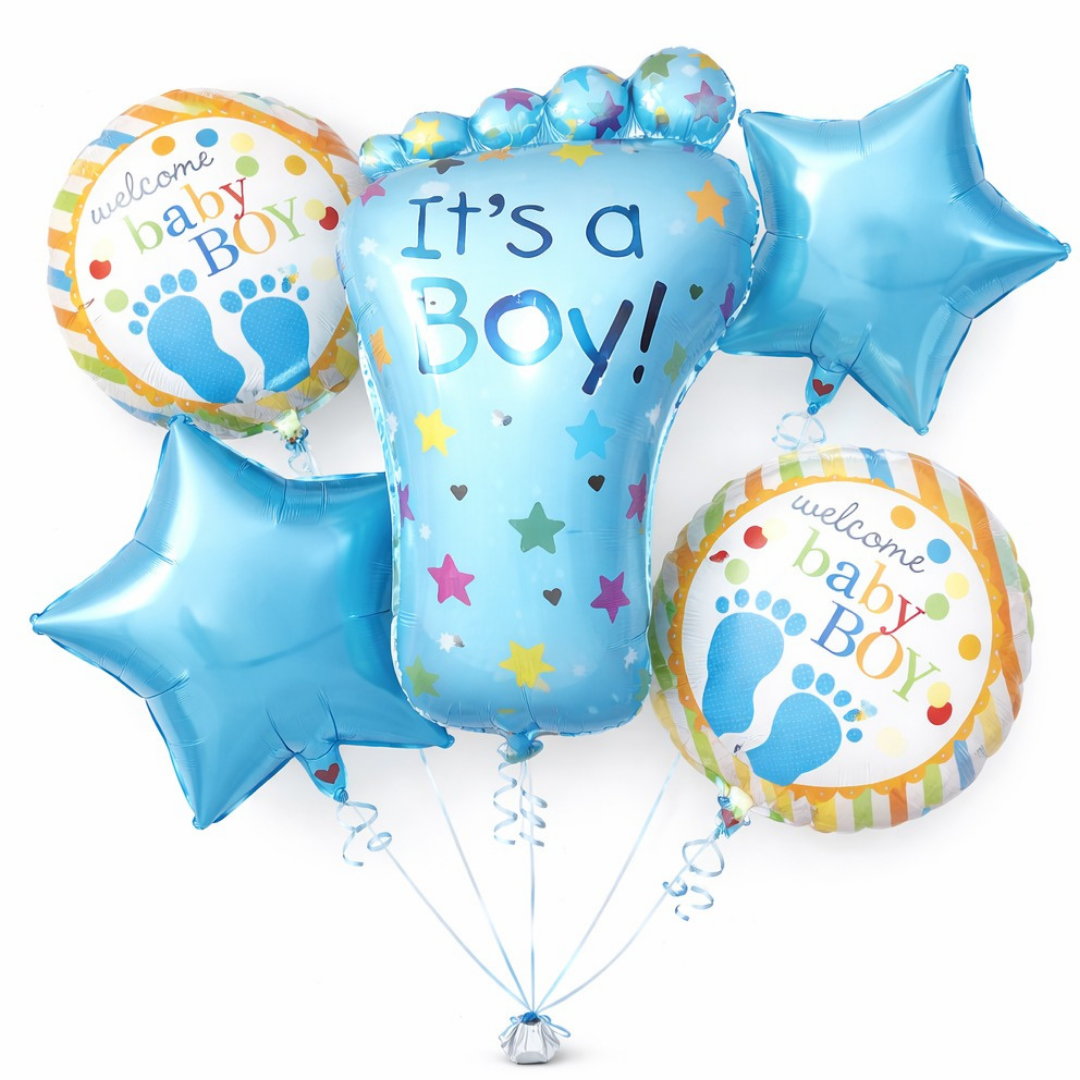 It’s a Boy Feet Shaped Helium Balloon Set of 5 (Baby Feet + Welcome Baby Boy + Blue Star Balloons) | Pre-Inflated & Delivered | Baby Shower Decoration