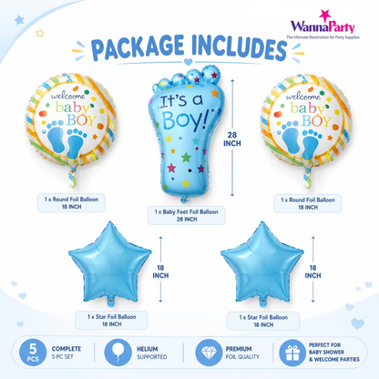 It’s a Boy Feet Shaped Helium Balloon Set of 5 (Baby Feet + Welcome Baby Boy + Blue Star Balloons) | Pre-Inflated & Delivered | Baby Shower Decoration
