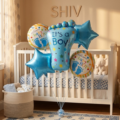 It’s a Boy Feet Shaped Helium Balloon Set of 5 (Baby Feet + Welcome Baby Boy + Blue Star Balloons) | Pre-Inflated & Delivered | Baby Shower Decoration